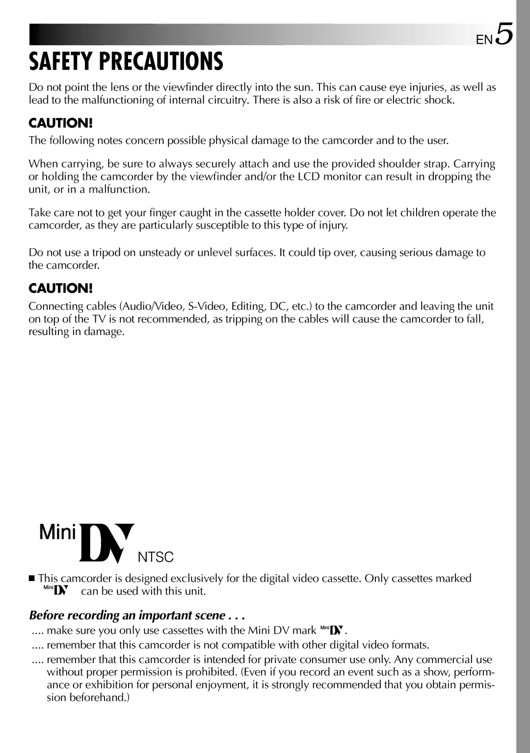 JVC GR-DVL100 specifications Safety Precautions, Make sure you only use cassettes with the Mini DV mark 