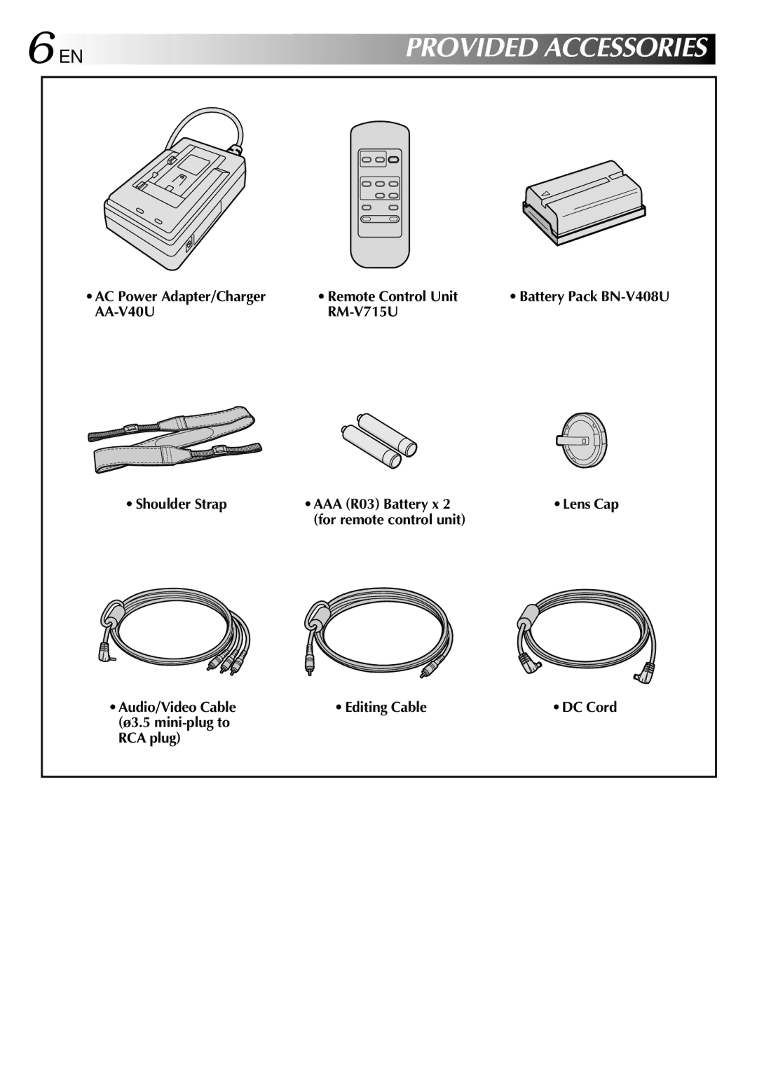 JVC GR-DVL100 AC Power Adapter/Charger Remote Control Unit, AA-V40U RM-V715U Shoulder Strap AAA R03 Battery x 