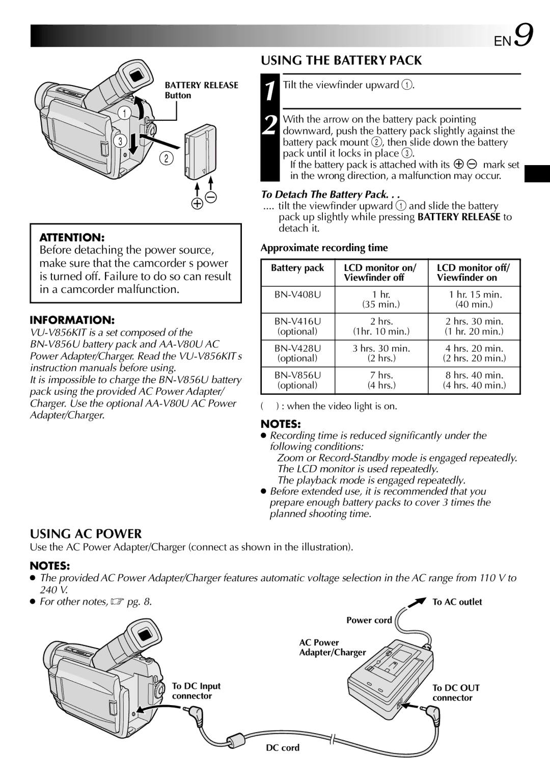 JVC GR-DVL100 specifications Using the Battery Pack, Using AC Power, To Detach The Battery Pack, Approximate recording time 