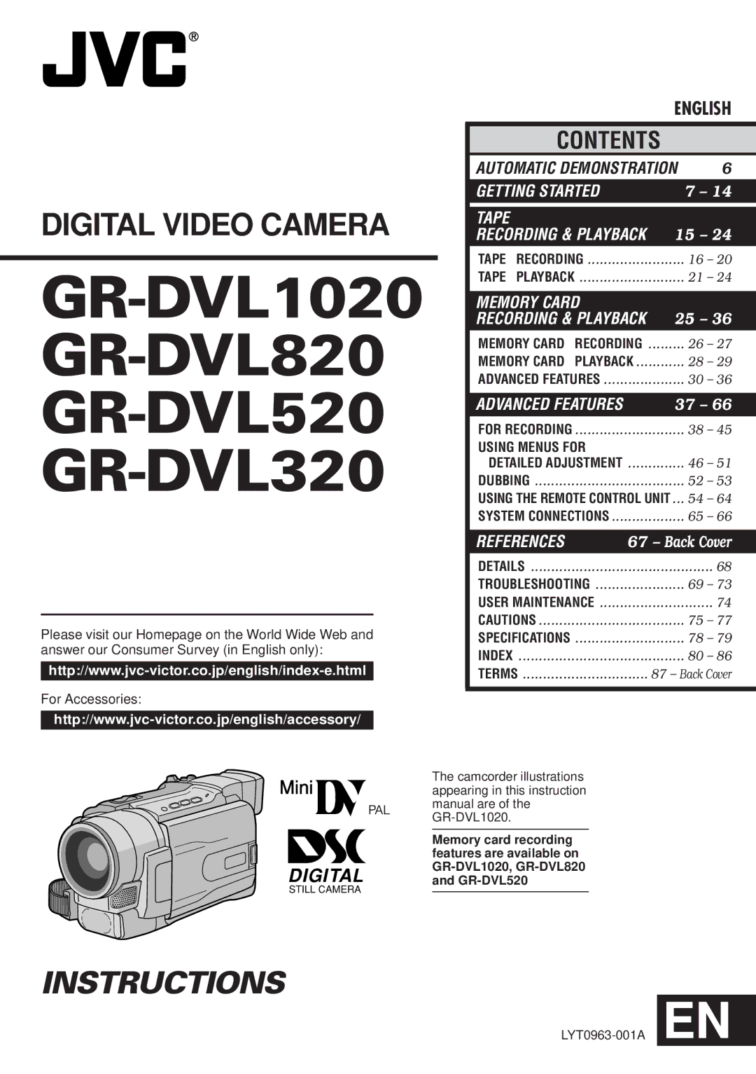 JVC specifications GR-DVL1020 GR-DVL820 GR-DVL520 GR-DVL320 