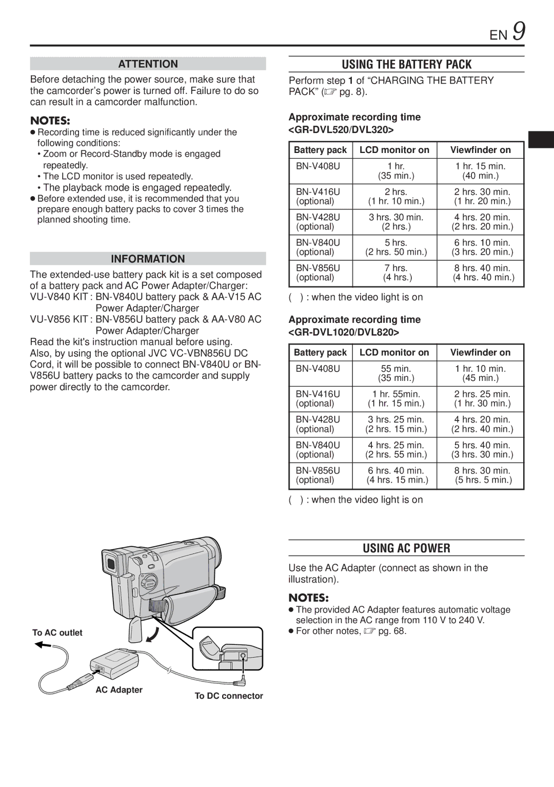 JVC GR-DVL1020, GR-DVL820 specifications Using the Battery Pack, Using AC Power, Approximate recording time GR-DVL520/DVL320 