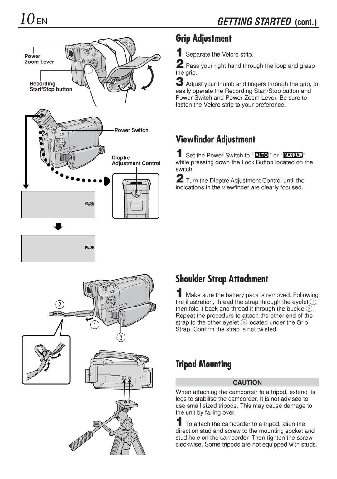 JVC GR-DVL820, GR-DVL1020 10 EN, Grip Adjustment, Viewfinder Adjustment, Shoulder Strap Attachment, Tripod Mounting 