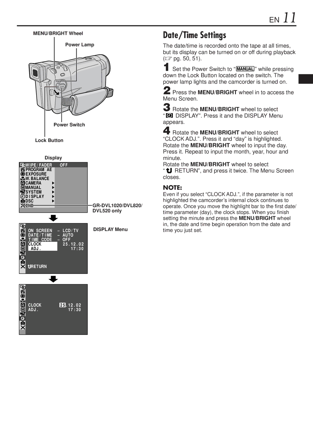 JVC GR-DVL1020, GR-DVL820 specifications Date/Time Settings, MENU/BRIGHT Wheel Power Lamp, Lock Button Display, Display Menu 