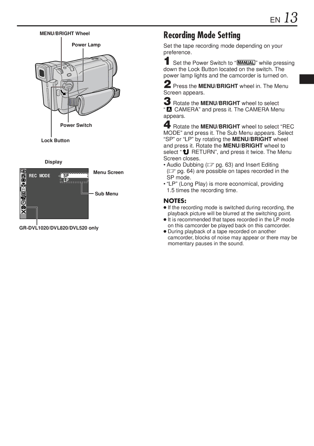 JVC GR-DVL1020, GR-DVL820 Recording Mode Setting, Set the tape recording mode depending on your preference, SP mode 