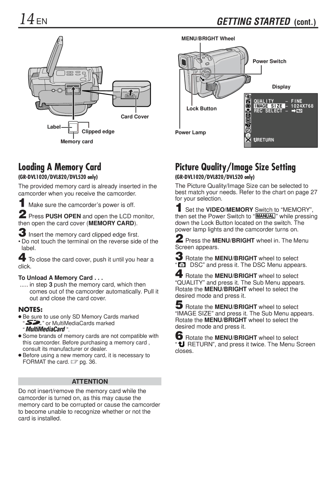 JVC GR-DVL820, GR-DVL1020 specifications Loading a Memory Card, Picture Quality/Image Size Setting, To Unload a Memory Card 