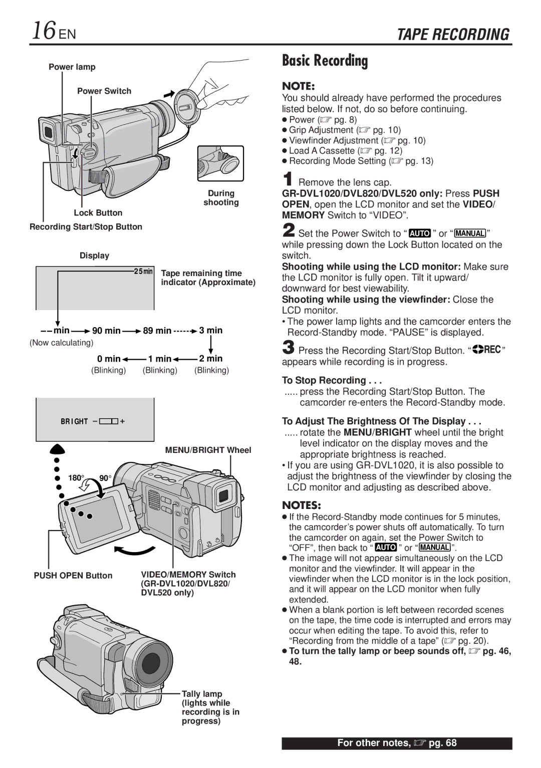 JVC GR-DVL820, GR-DVL1020 specifications 16 EN, Basic Recording, To Stop Recording, To Adjust The Brightness Of The Display 