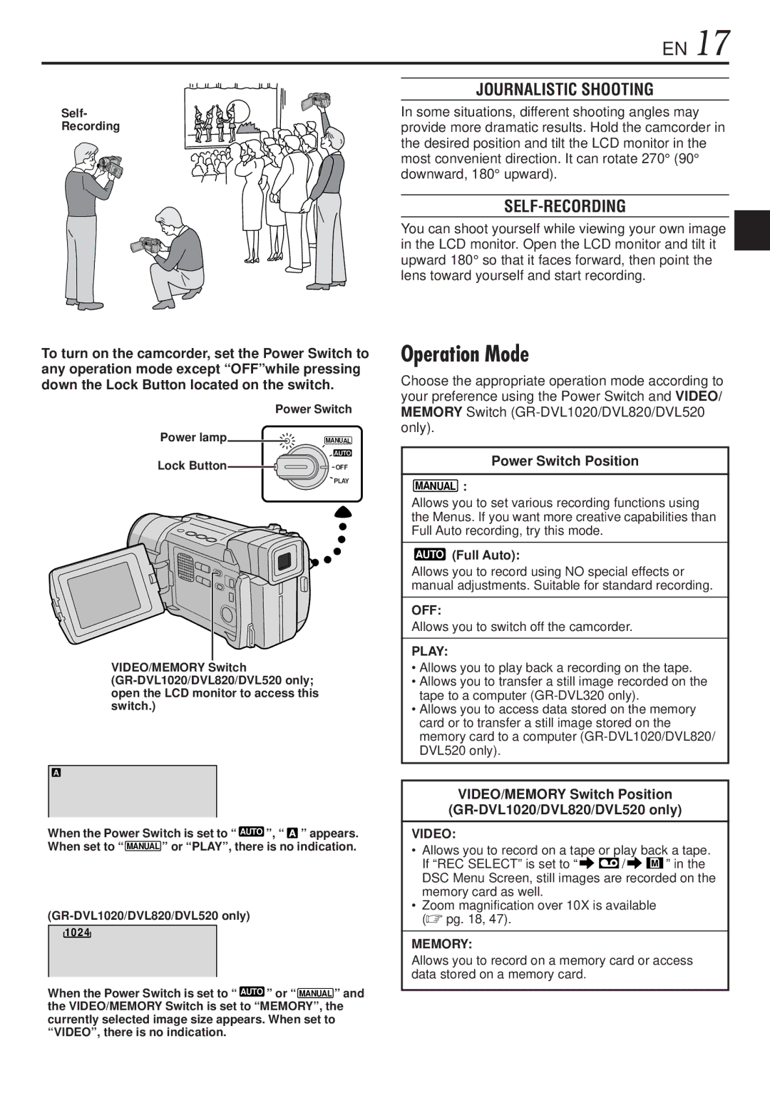 JVC GR-DVL1020, GR-DVL820 specifications Operation Mode, Journalistic Shooting, Self-Recording, Power Switch Position 