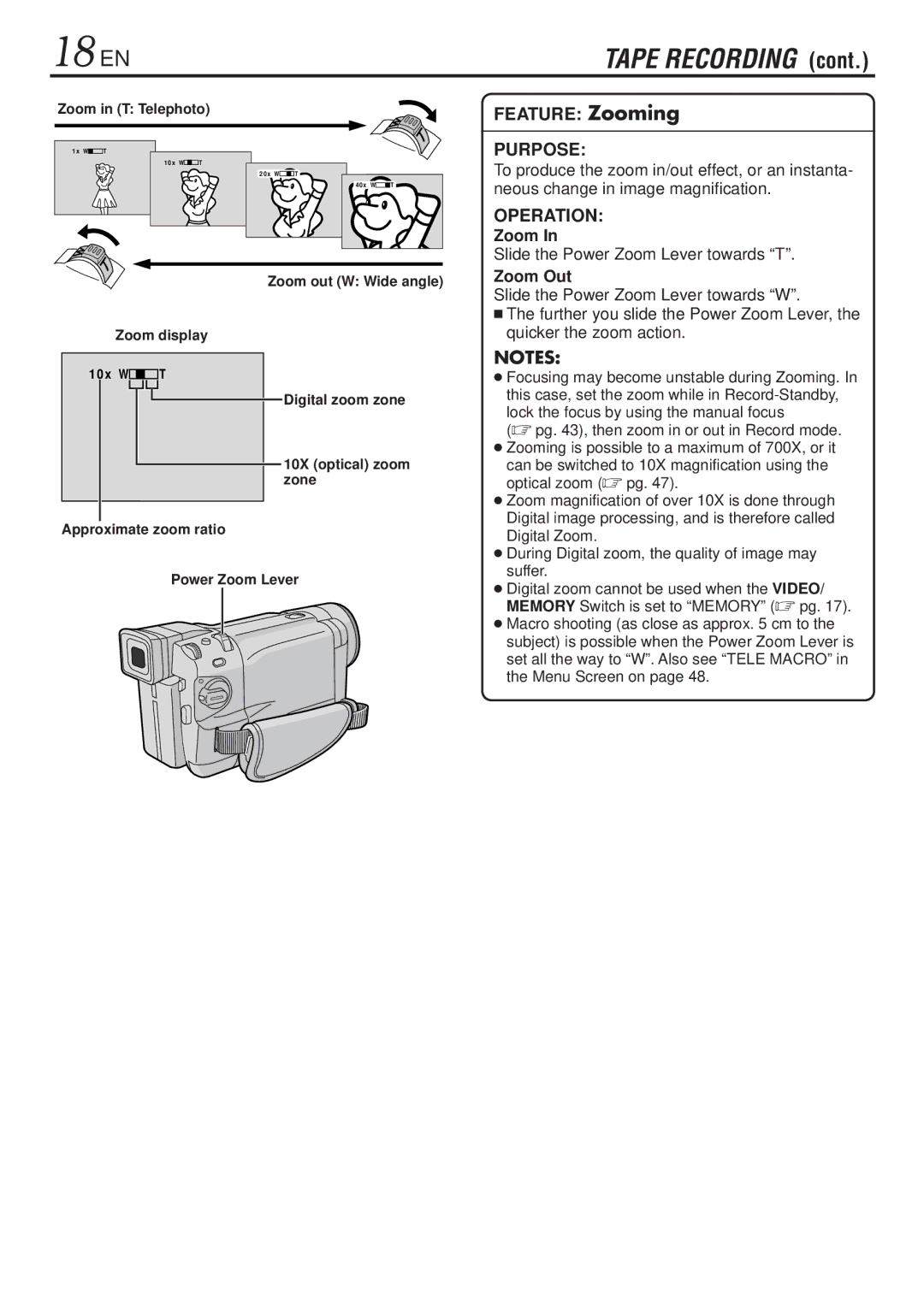 JVC GR-DVL820, GR-DVL1020 specifications 18 EN, Slide the Power Zoom Lever towards T, Zoom Out 