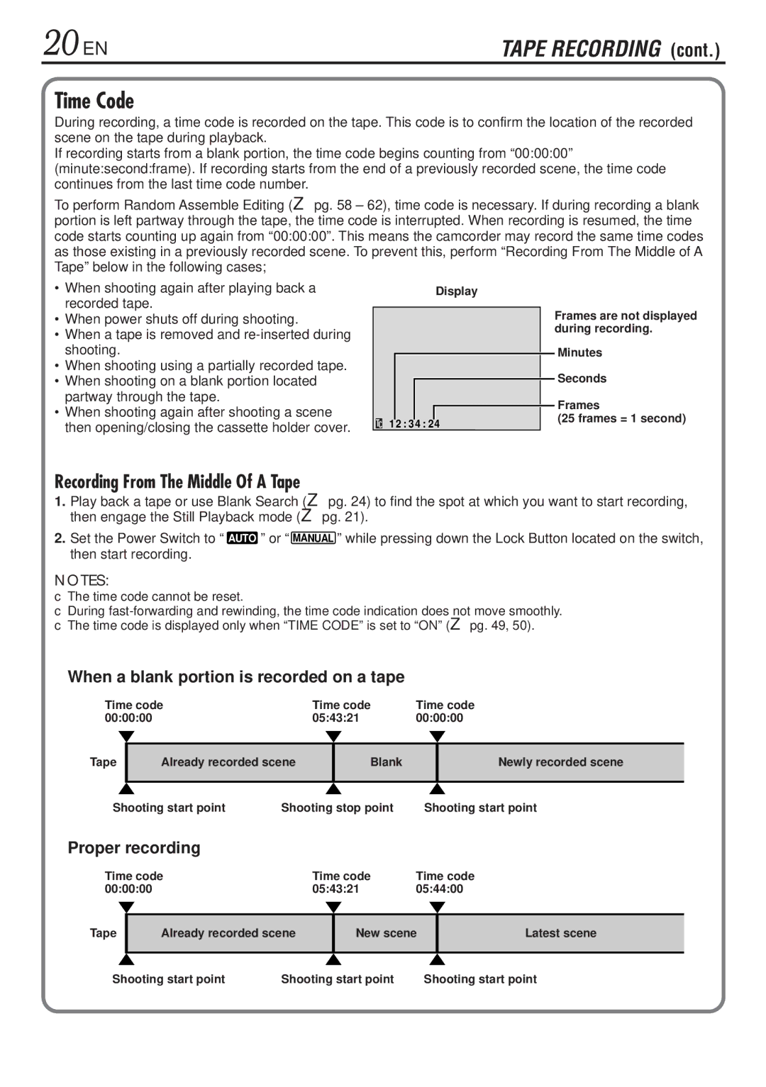 JVC GR-DVL820, GR-DVL1020 specifications 20 EN, Time Code, When a blank portion is recorded on a tape, Proper recording 