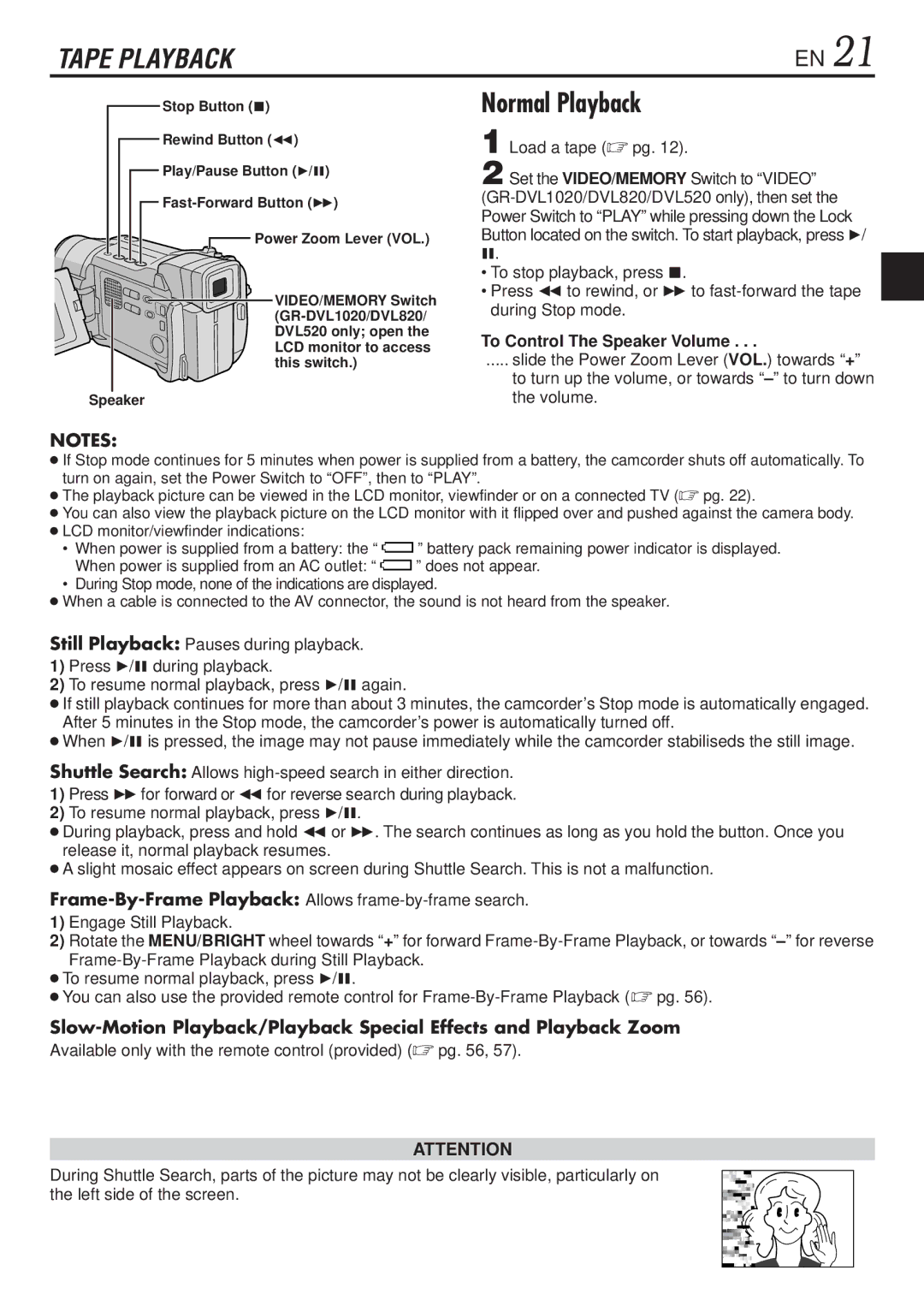 JVC GR-DVL1020, GR-DVL820 specifications Normal Playback, To Control The Speaker Volume 