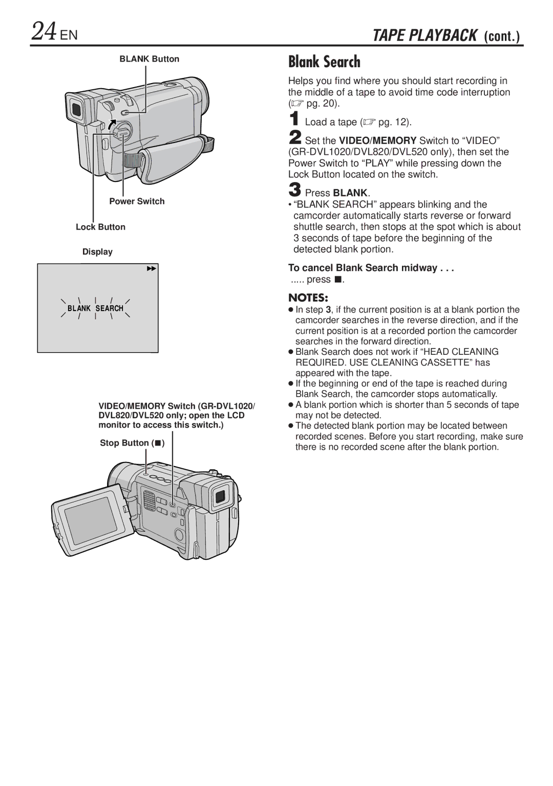 JVC GR-DVL820, GR-DVL1020 specifications 24 EN, To cancel Blank Search midway, Press 