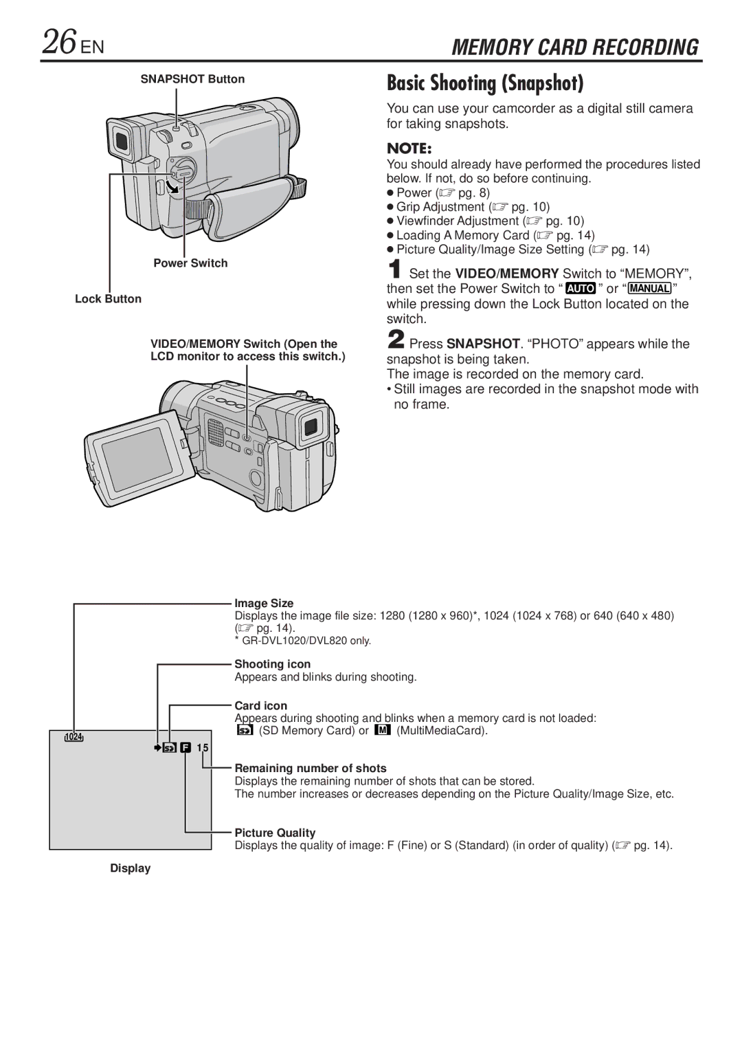 JVC GR-DVL820, GR-DVL1020 specifications 26 EN, Basic Shooting Snapshot 