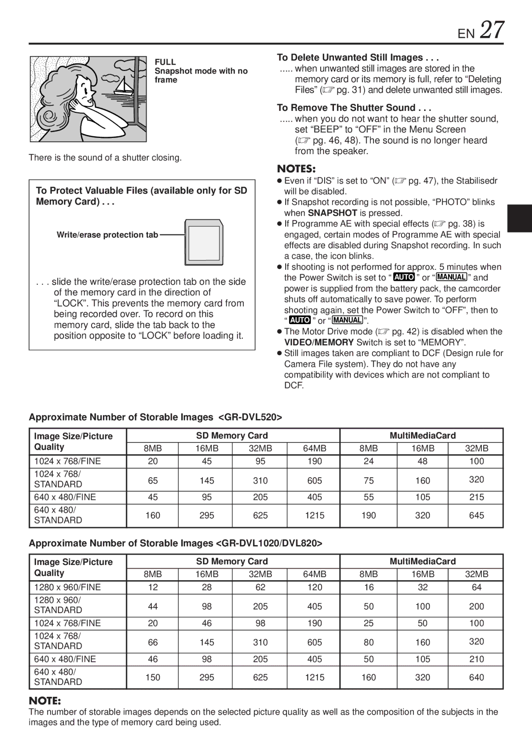 JVC GR-DVL1020, GR-DVL820 specifications To Delete Unwanted Still Images, To Remove The Shutter Sound 