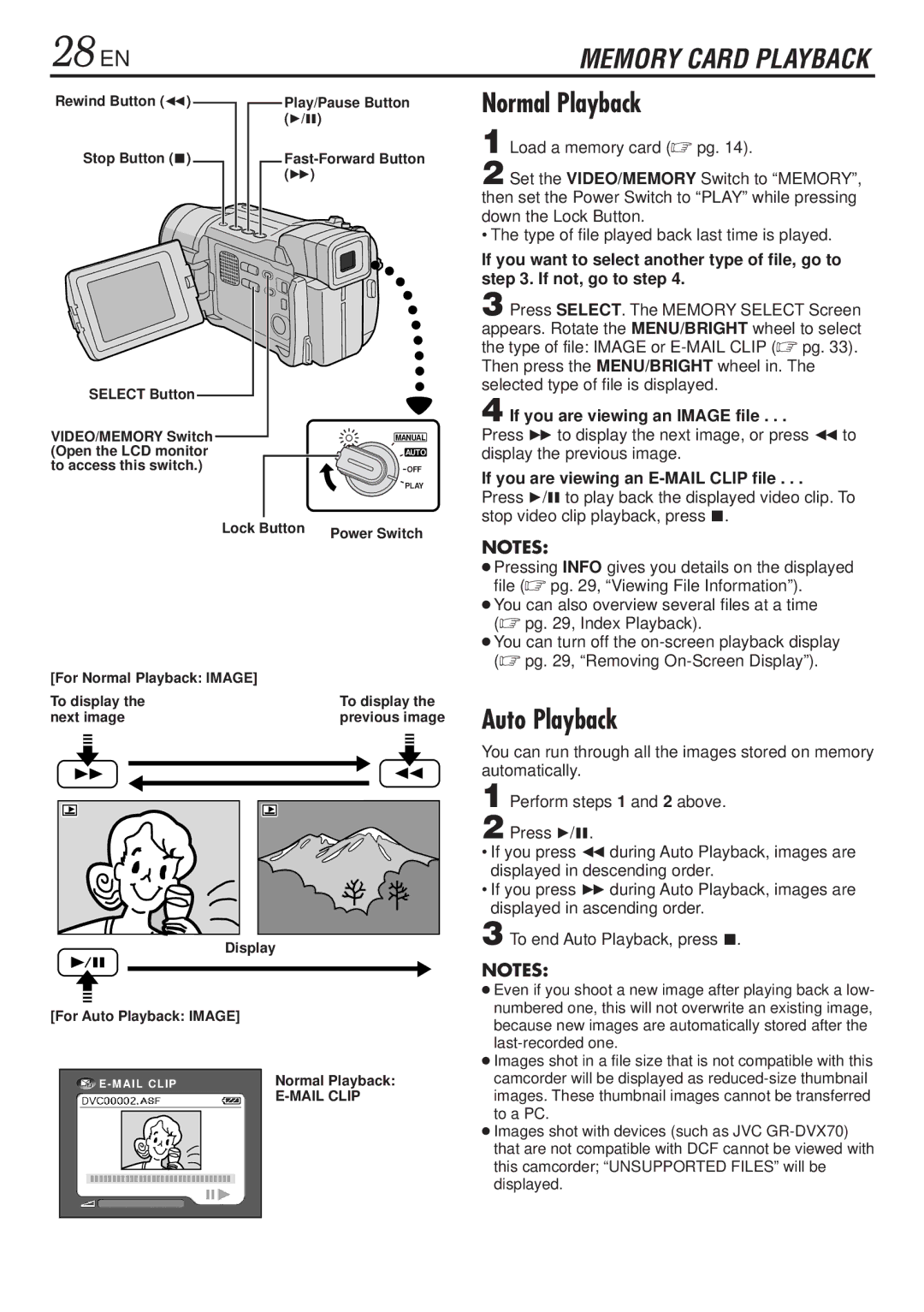 JVC GR-DVL820, GR-DVL1020 28 EN, Auto Playback, If you are viewing an Image file, If you are viewing an E-MAIL Clip file 