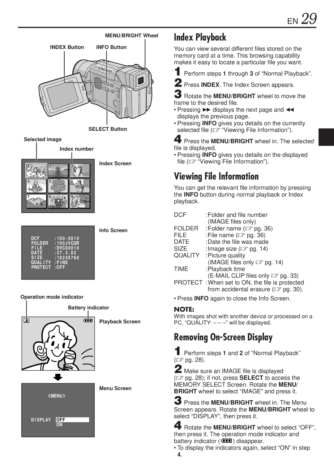 JVC GR-DVL1020, GR-DVL820 specifications Index Playback, Viewing File Information, Removing On-Screen Display 