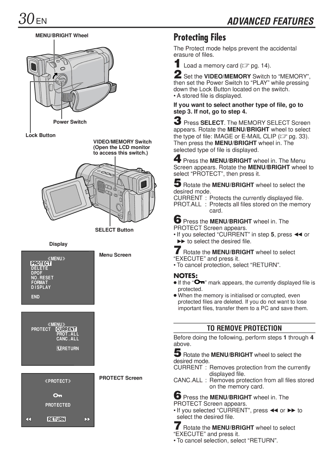 JVC GR-DVL820, GR-DVL1020 specifications 30 EN, Protecting Files, To Remove Protection, Stored file is displayed 