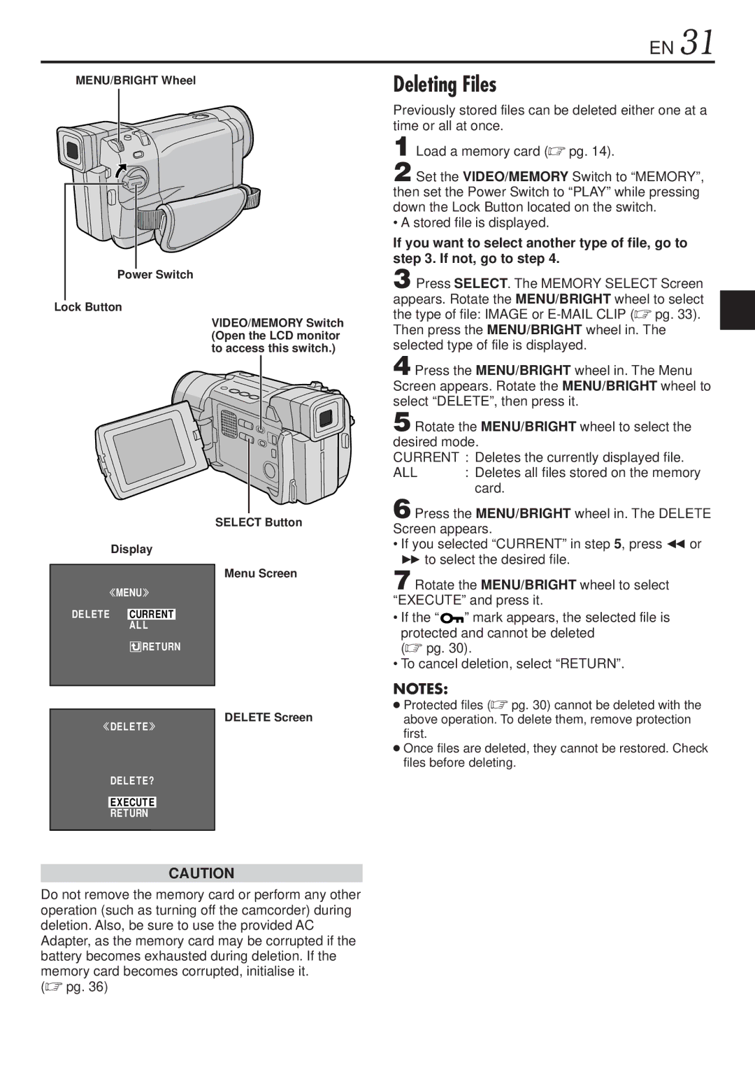 JVC GR-DVL1020, GR-DVL820 specifications Deleting Files, Delete Screen 