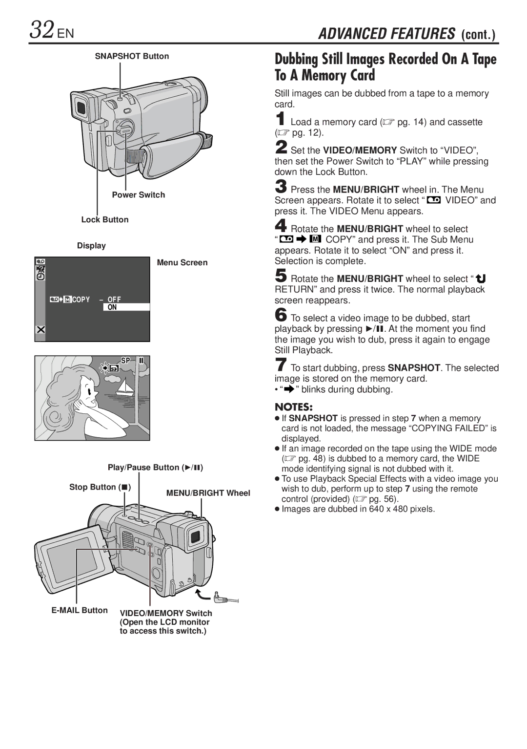 JVC GR-DVL820, GR-DVL1020 32 EN, Dubbing Still Images Recorded On a Tape To a Memory Card, Lock Button Display Menu Screen 