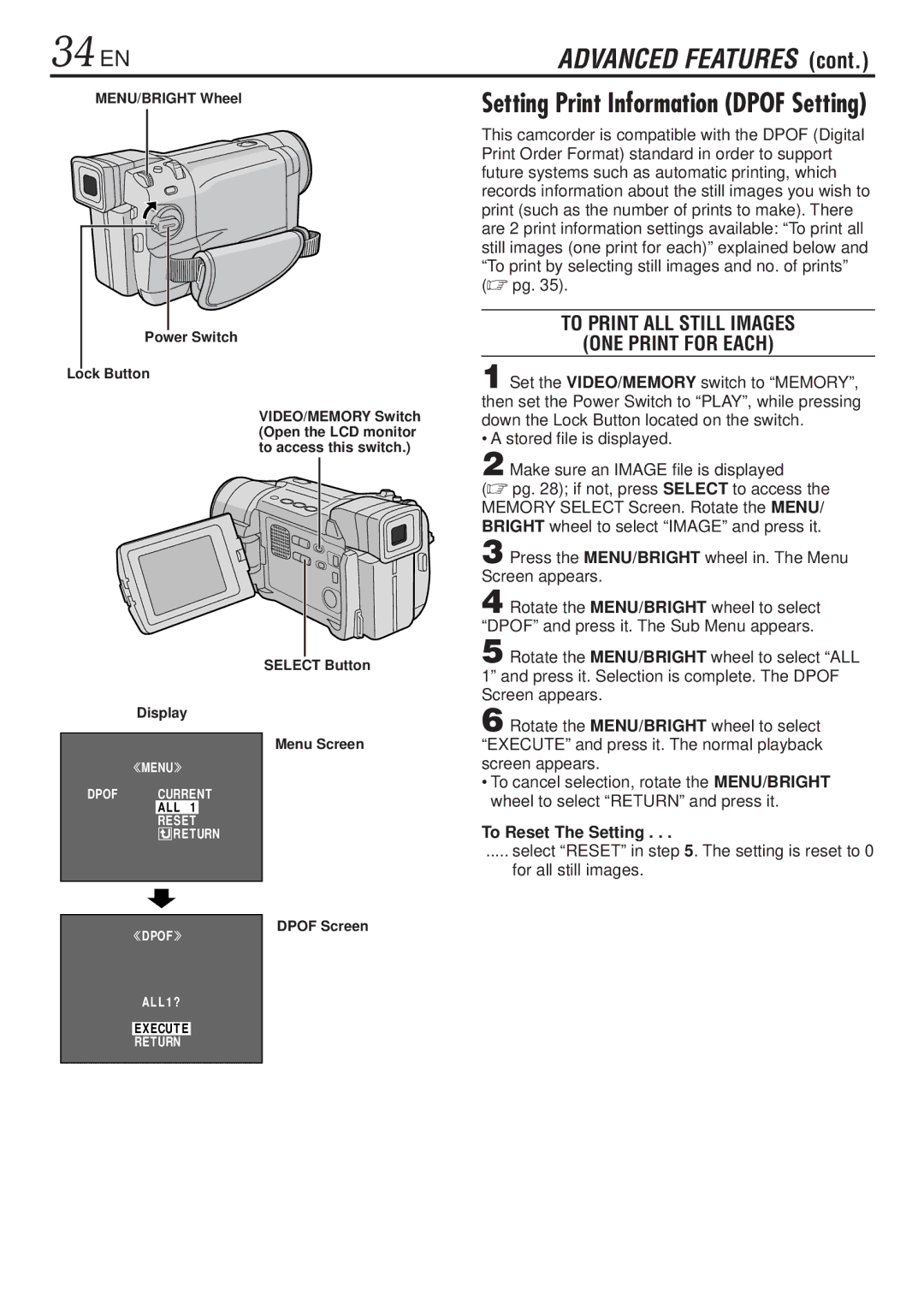 JVC GR-DVL820 34 EN, To Print ALL Still Images ONE Print for Each, Press the MENU/BRIGHT wheel in. The Menu Screen appears 