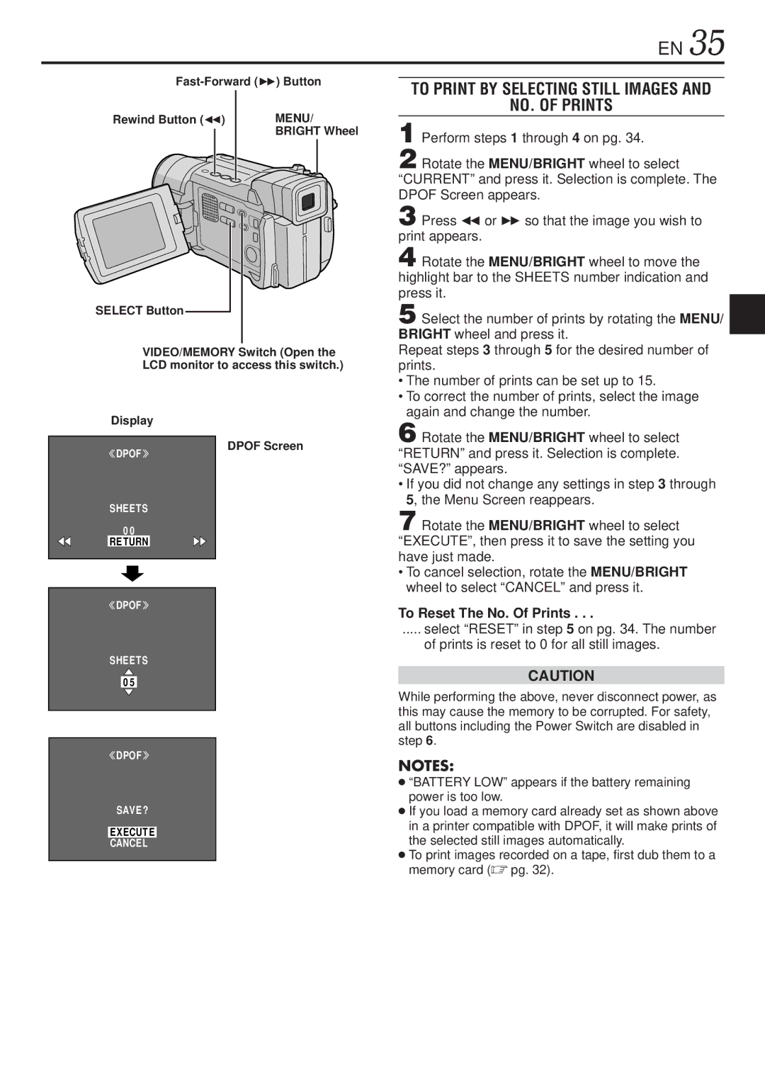 JVC GR-DVL1020, GR-DVL820 specifications To Print by Selecting Still Images NO. of Prints, To Reset The No. Of Prints 