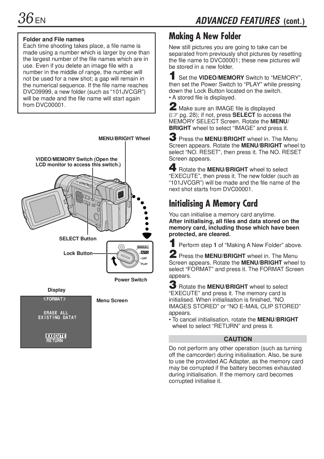 JVC GR-DVL820, GR-DVL1020 specifications 36 EN, Making a New Folder, Initialising a Memory Card, Folder and File names 