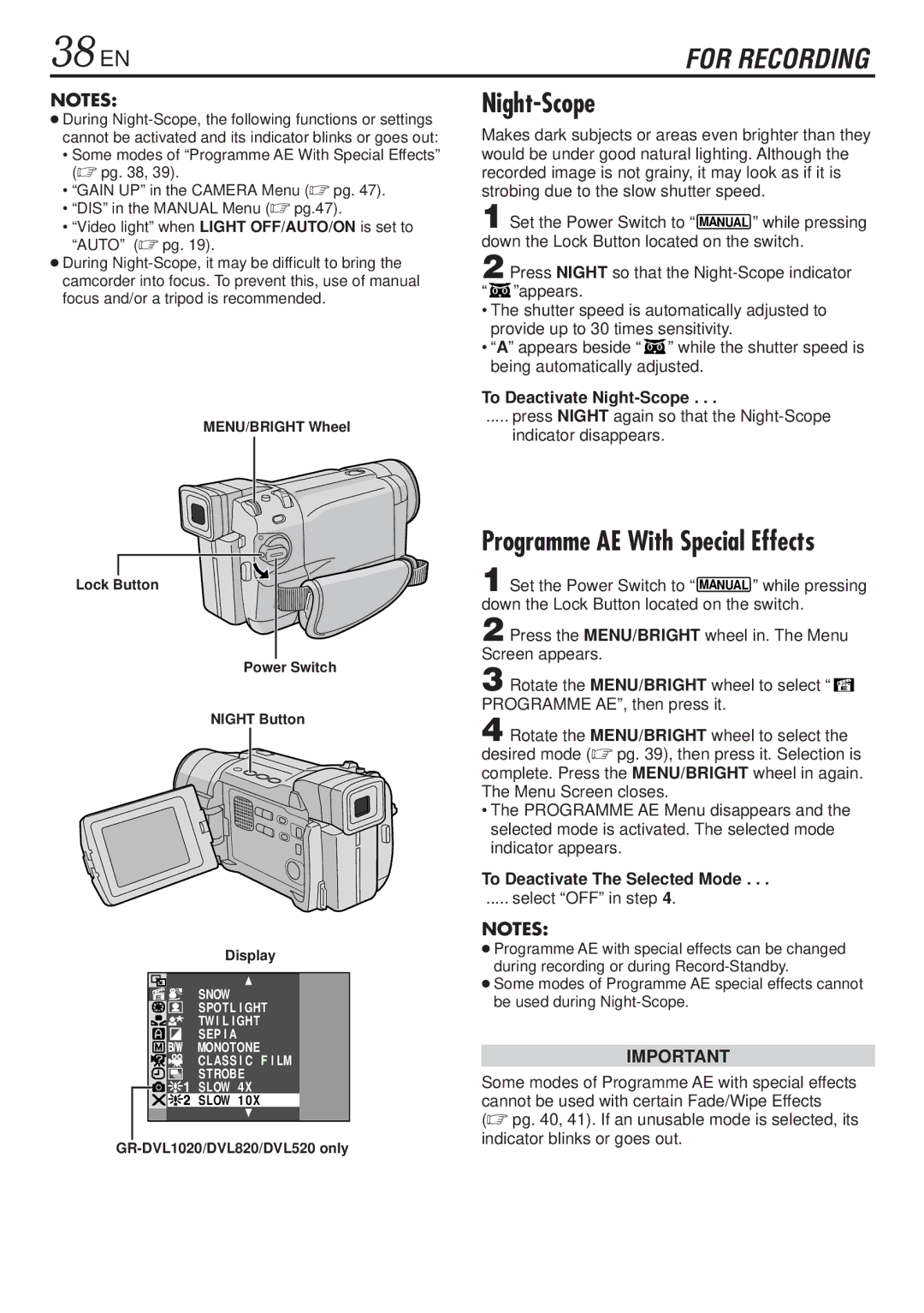 JVC GR-DVL820, GR-DVL1020 specifications 38 EN, To Deactivate Night-Scope, To Deactivate The Selected Mode 