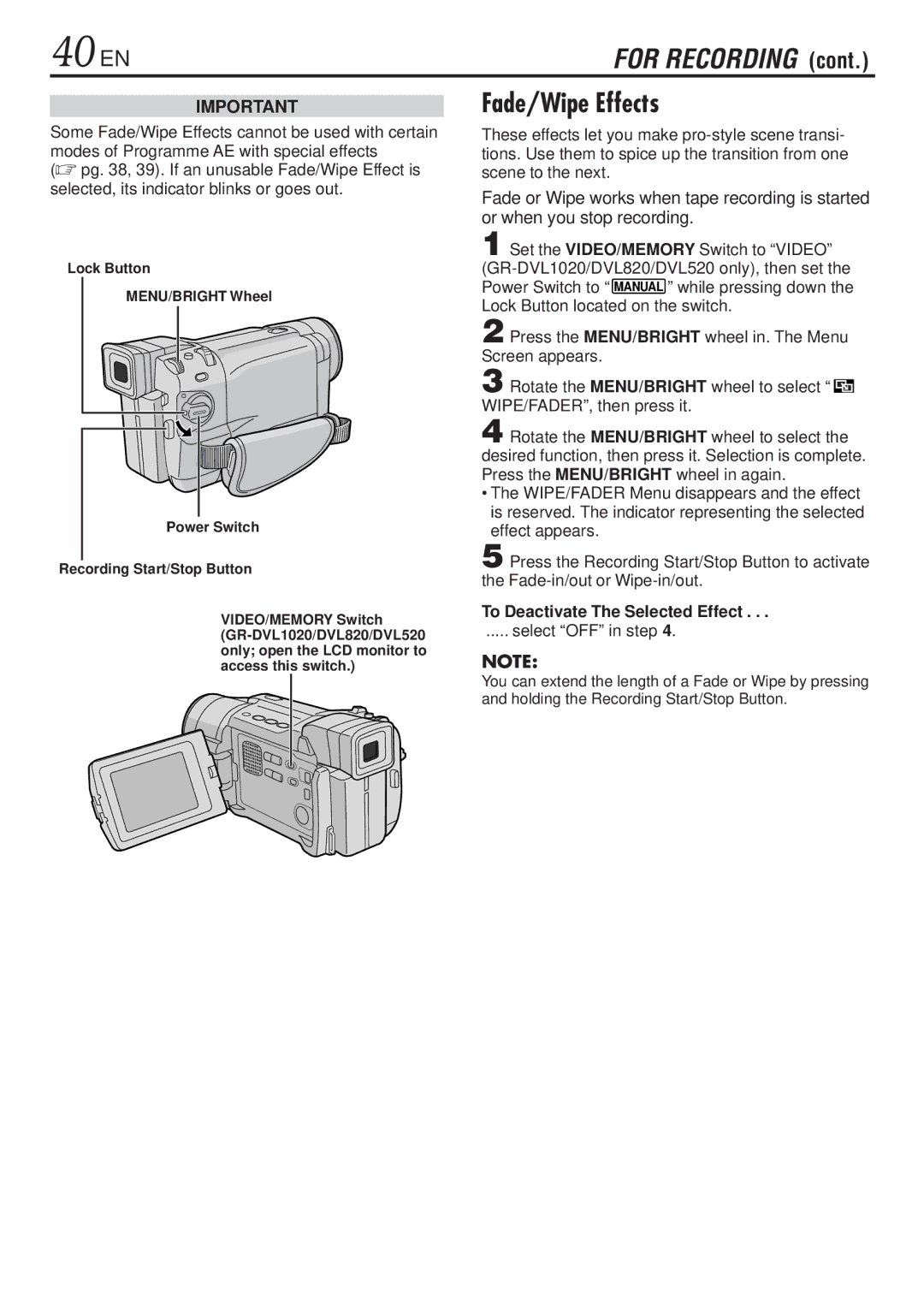 JVC GR-DVL820 40 EN, Fade/Wipe Effects, To Deactivate The Selected Effect, Power Switch Recording Start/Stop Button 