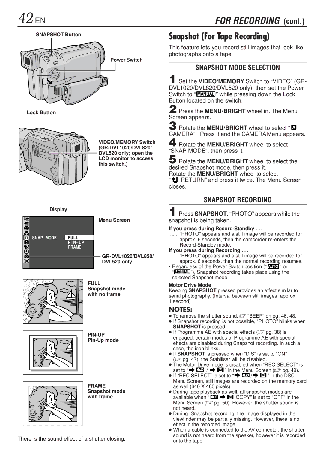 JVC GR-DVL820, GR-DVL1020 42 EN, Snapshot For Tape Recording, Snapshot Mode Selection, Snapshot Recording, Switch to 