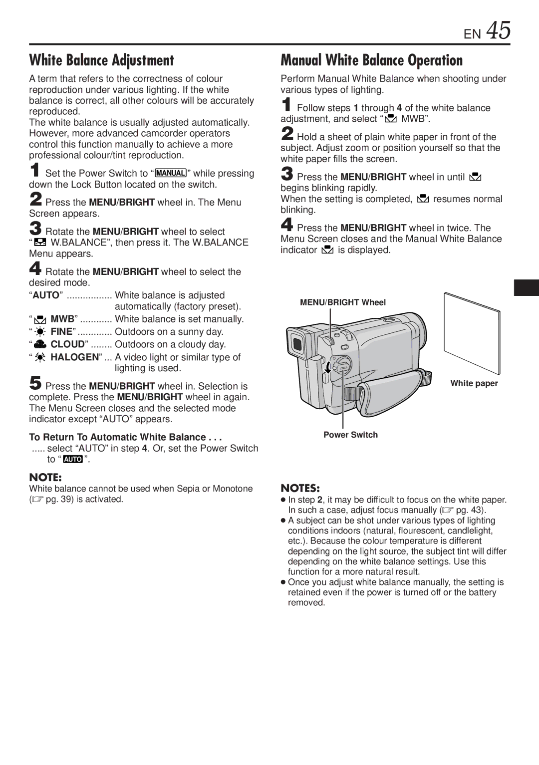 JVC GR-DVL1020, GR-DVL820 White Balance Adjustment, Manual White Balance Operation, To Return To Automatic White Balance 