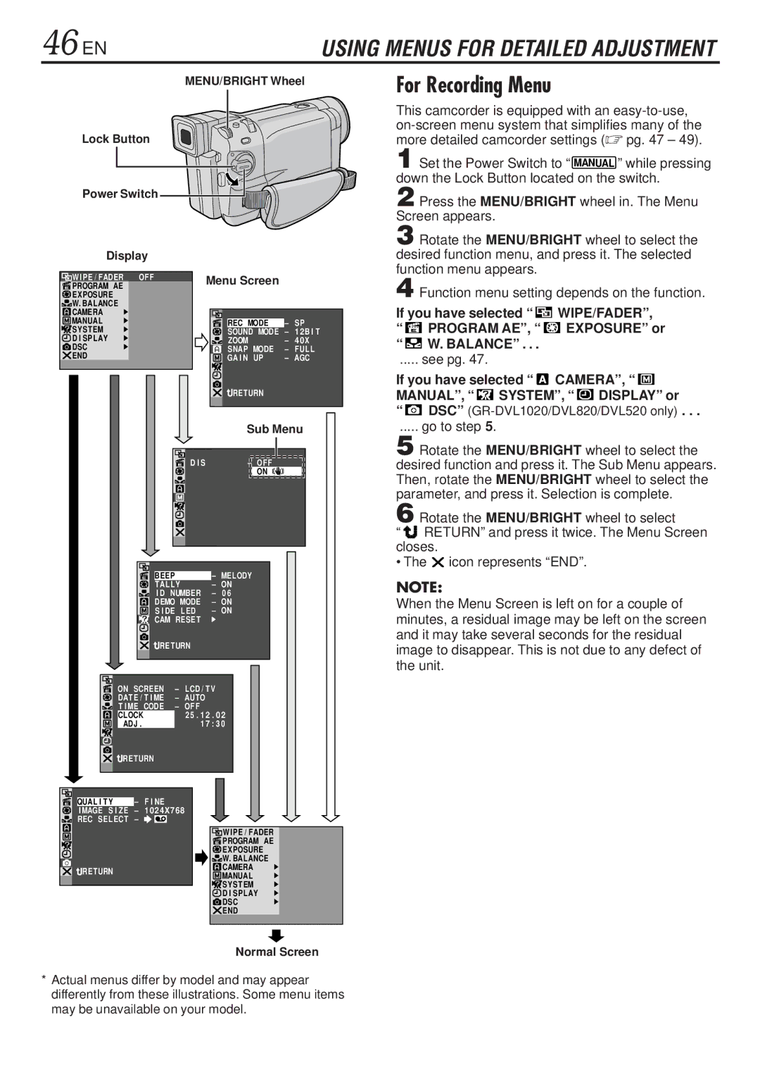 JVC GR-DVL820 46 EN, For Recording Menu, See pg, If you have selected Camera MANUAL, SYSTEM, Display or, Go to step 