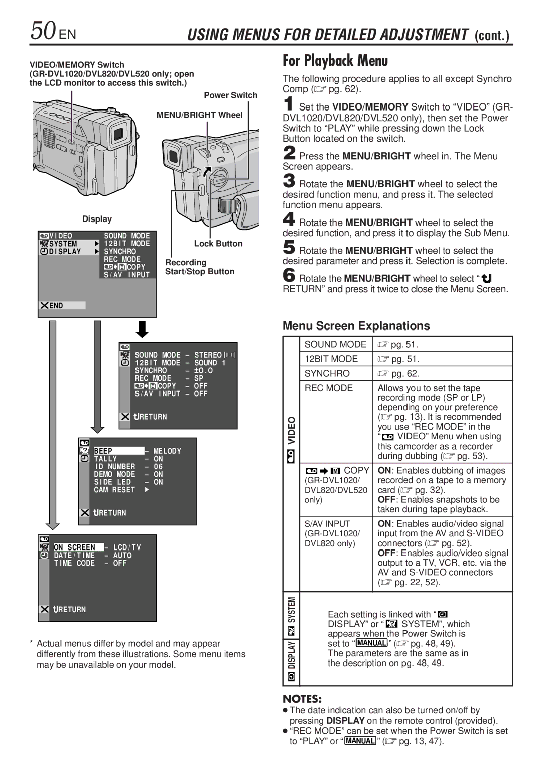 JVC GR-DVL820, GR-DVL1020 specifications 50 EN, For Playback Menu 