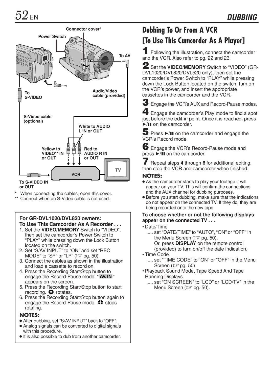 JVC GR-DVL820 52 EN, Dubbing To Or From a VCR, Connector cover Power Switch To AV Audio/Video, To S-VIDEO Or OUT 