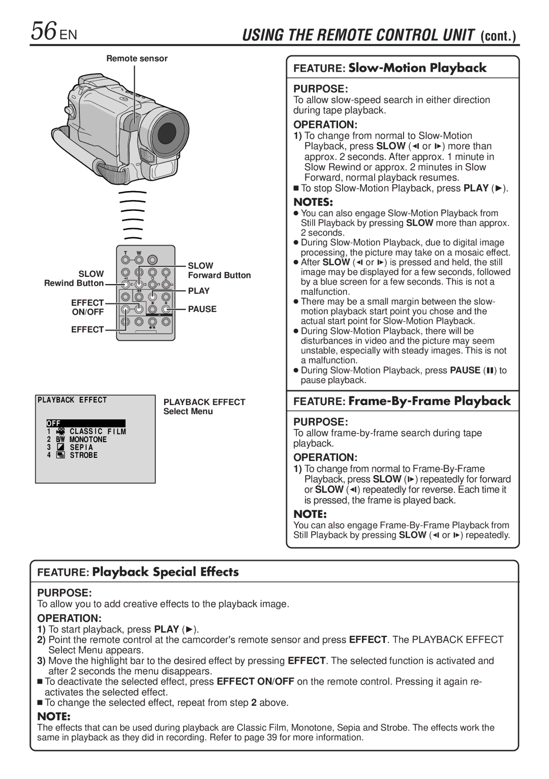 JVC GR-DVL820, GR-DVL1020 specifications 56 EN, To allow frame-by-frame search during tape playback, Select Menu 