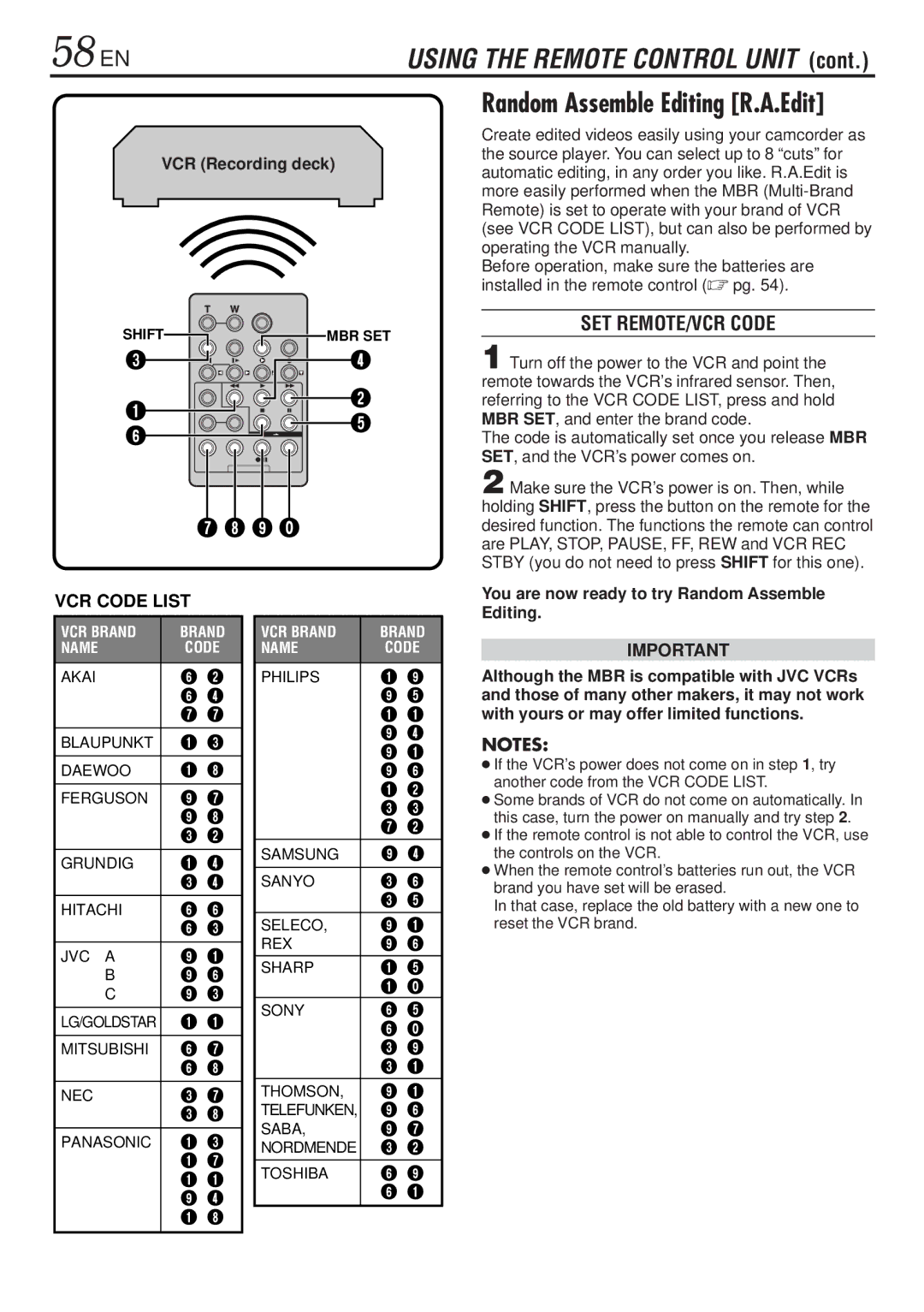 JVC GR-DVL820, GR-DVL1020 specifications 58 EN, SET REMOTE/VCR Code, VCR Recording deck 