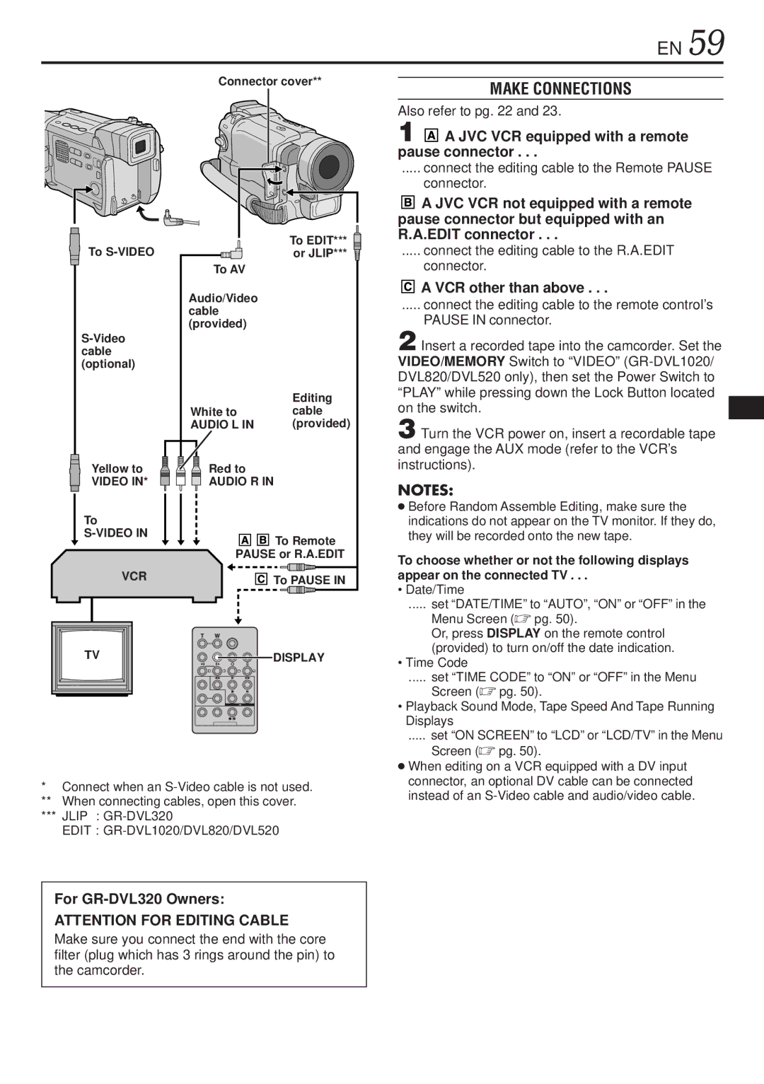 JVC GR-DVL1020 Make Connections, Also refer to pg, Connect the editing cable to the Remote Pause connector, Instructions 