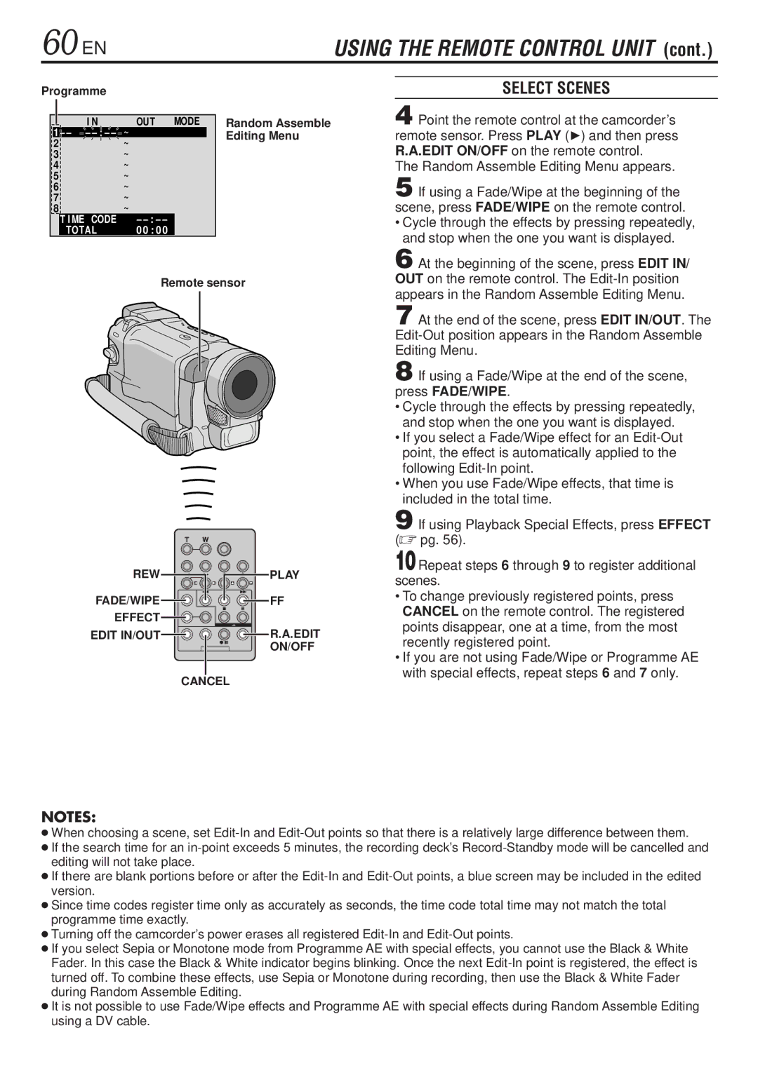 JVC GR-DVL820, GR-DVL1020 specifications 60 EN, Select Scenes, Random Assemble Editing Menu appears 