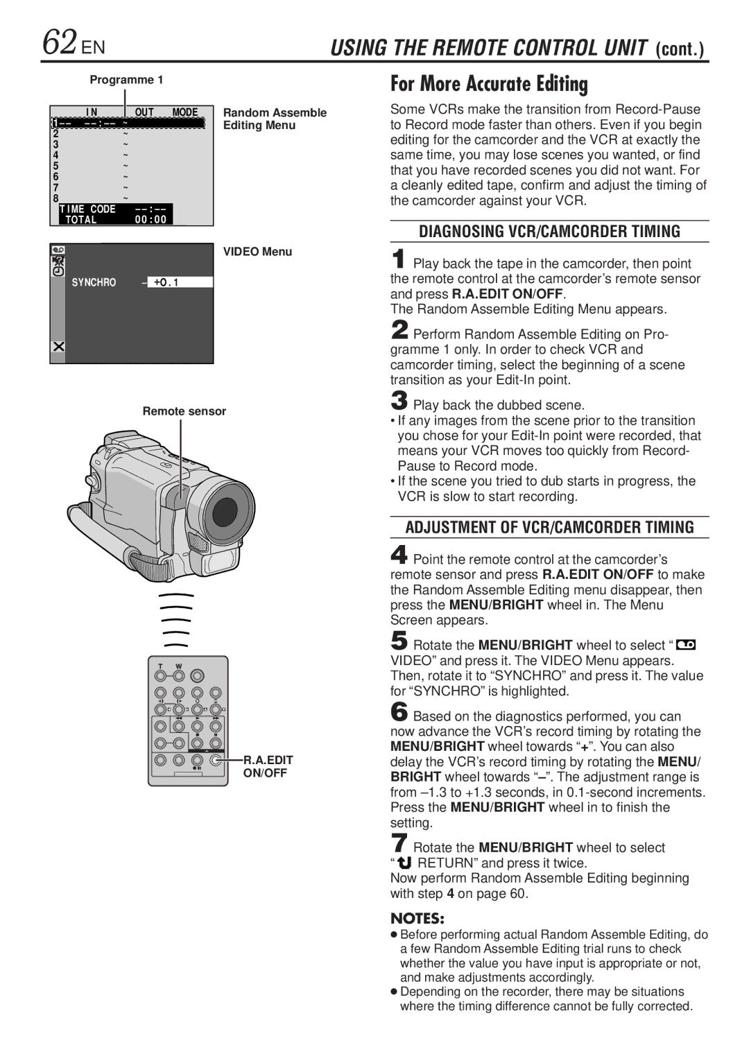 JVC GR-DVL820 62 EN, For More Accurate Editing, Diagnosing VCR/CAMCORDER Timing, Adjustment of VCR/CAMCORDER Timing 