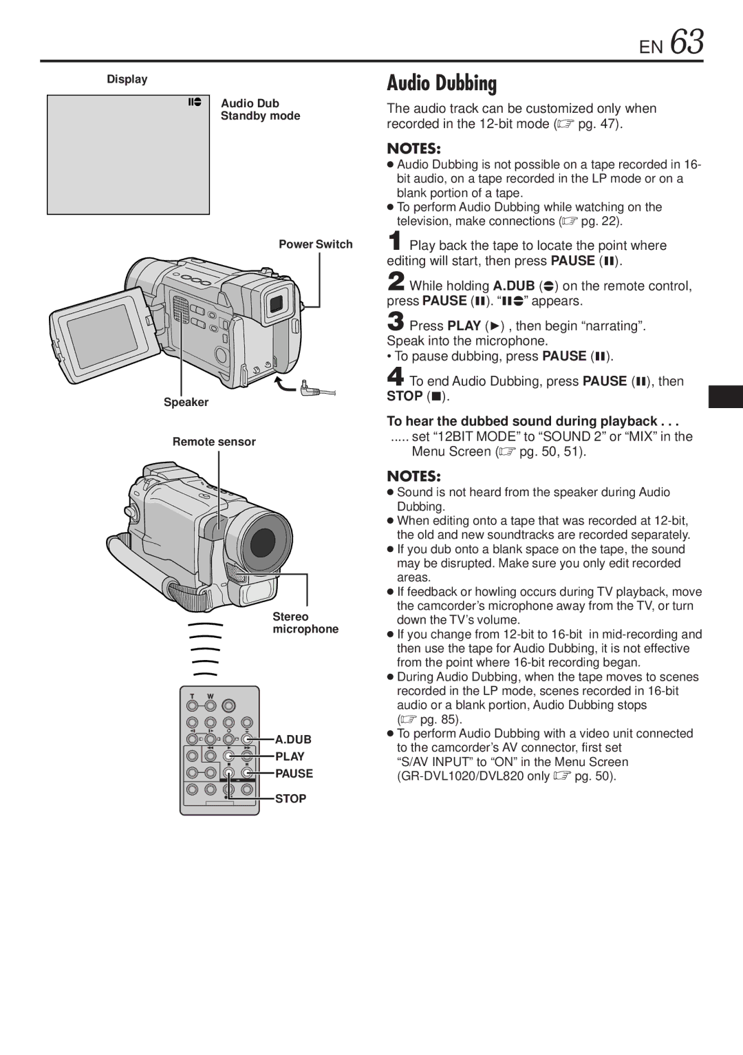 JVC GR-DVL1020 Audio Dubbing, To hear the dubbed sound during playback, Set 12BIT Mode to Sound 2 or MIX Menu Screen pg 