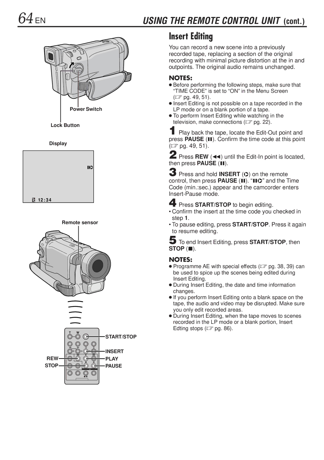 JVC GR-DVL820, GR-DVL1020 specifications 64 EN, Insert Editing 