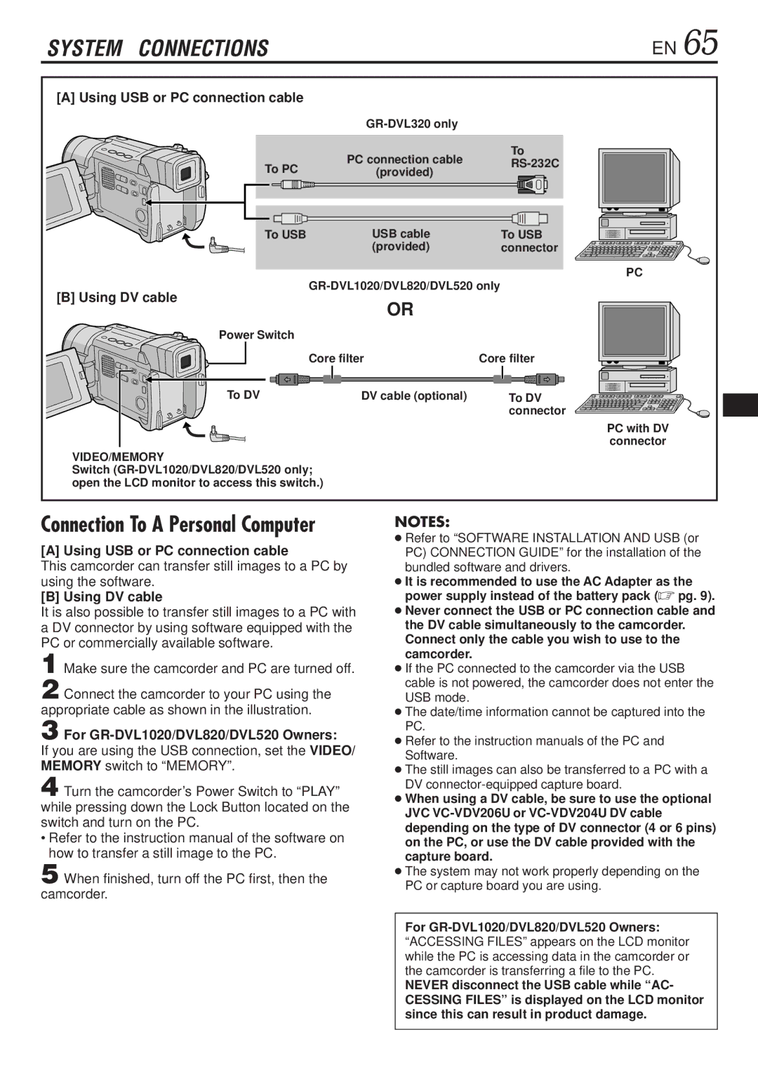 JVC Using USB or PC connection cable, Using DV cable, For GR-DVL1020/DVL820/DVL520 Owners, To PC RS-232C, To USB 