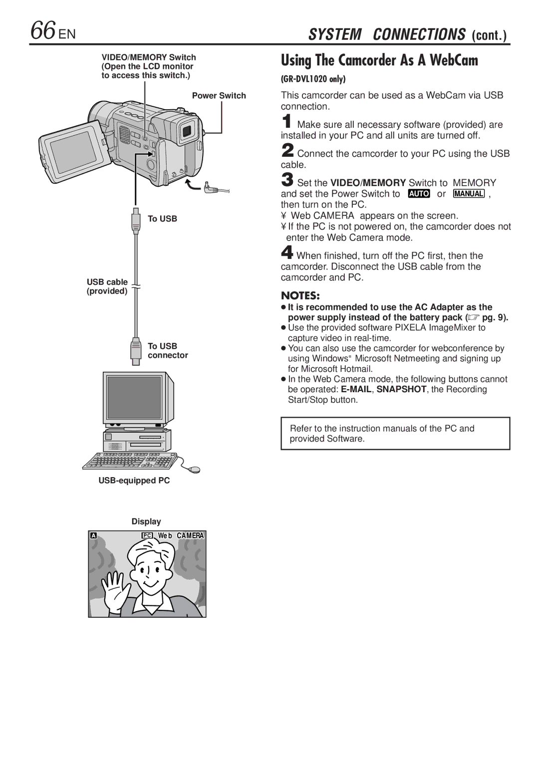 JVC GR-DVL820, GR-DVL1020 specifications 66 EN, This camcorder can be used as a WebCam via USB connection 