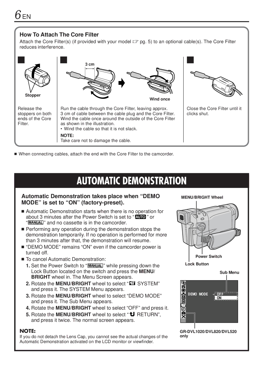 JVC GR-DVL820, GR-DVL1020 specifications How To Attach The Core Filter, Set the Power Switch to, While pressing down 