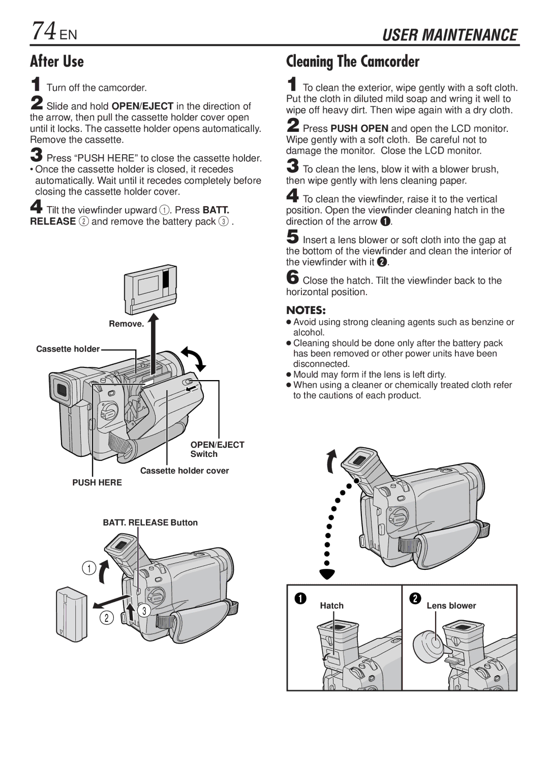 JVC GR-DVL820, GR-DVL1020 specifications 74 EN, After Use, Cleaning The Camcorder 