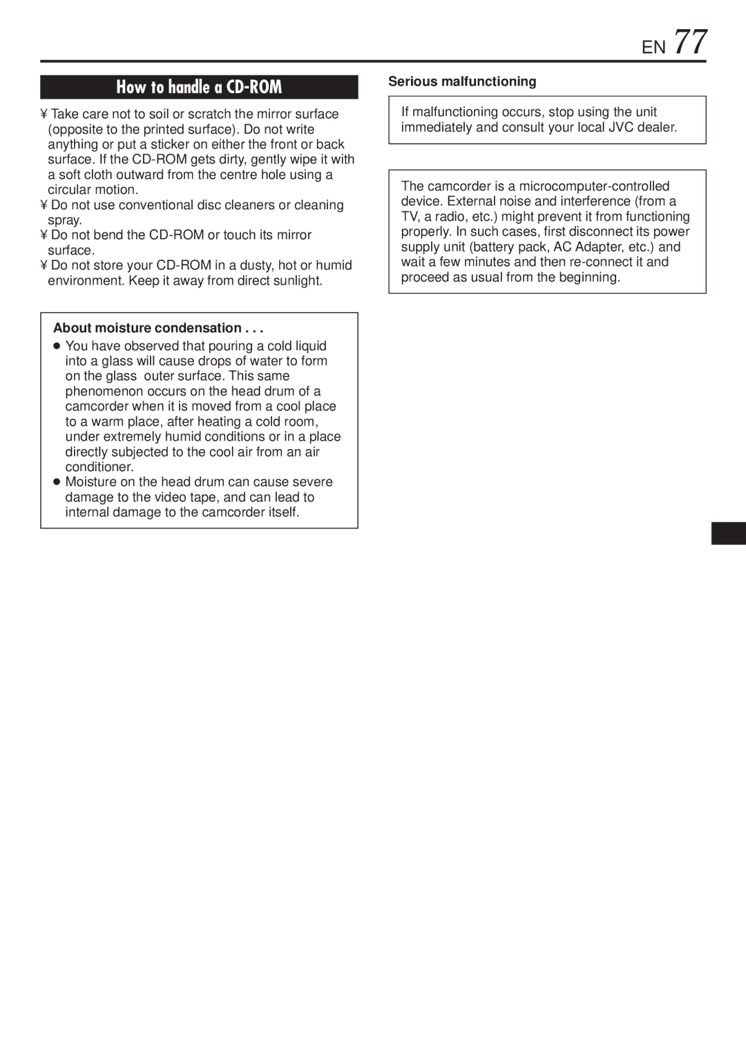 JVC GR-DVL1020, GR-DVL820 specifications About moisture condensation, Serious malfunctioning 
