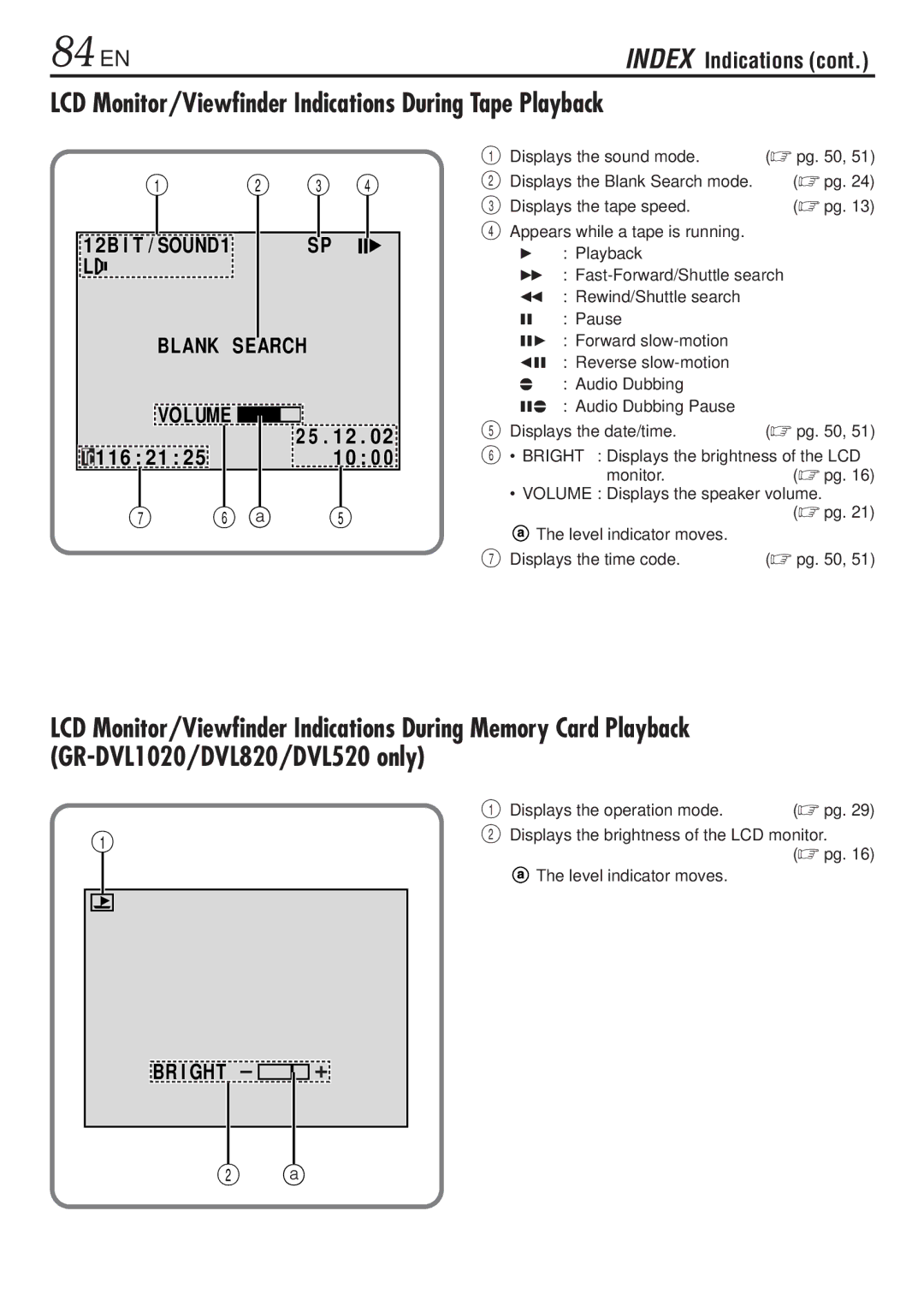 JVC GR-DVL820 84 EN, LCD Monitor/Viewfinder Indications During Tape Playback, Index Indications, Volume, 116 21 