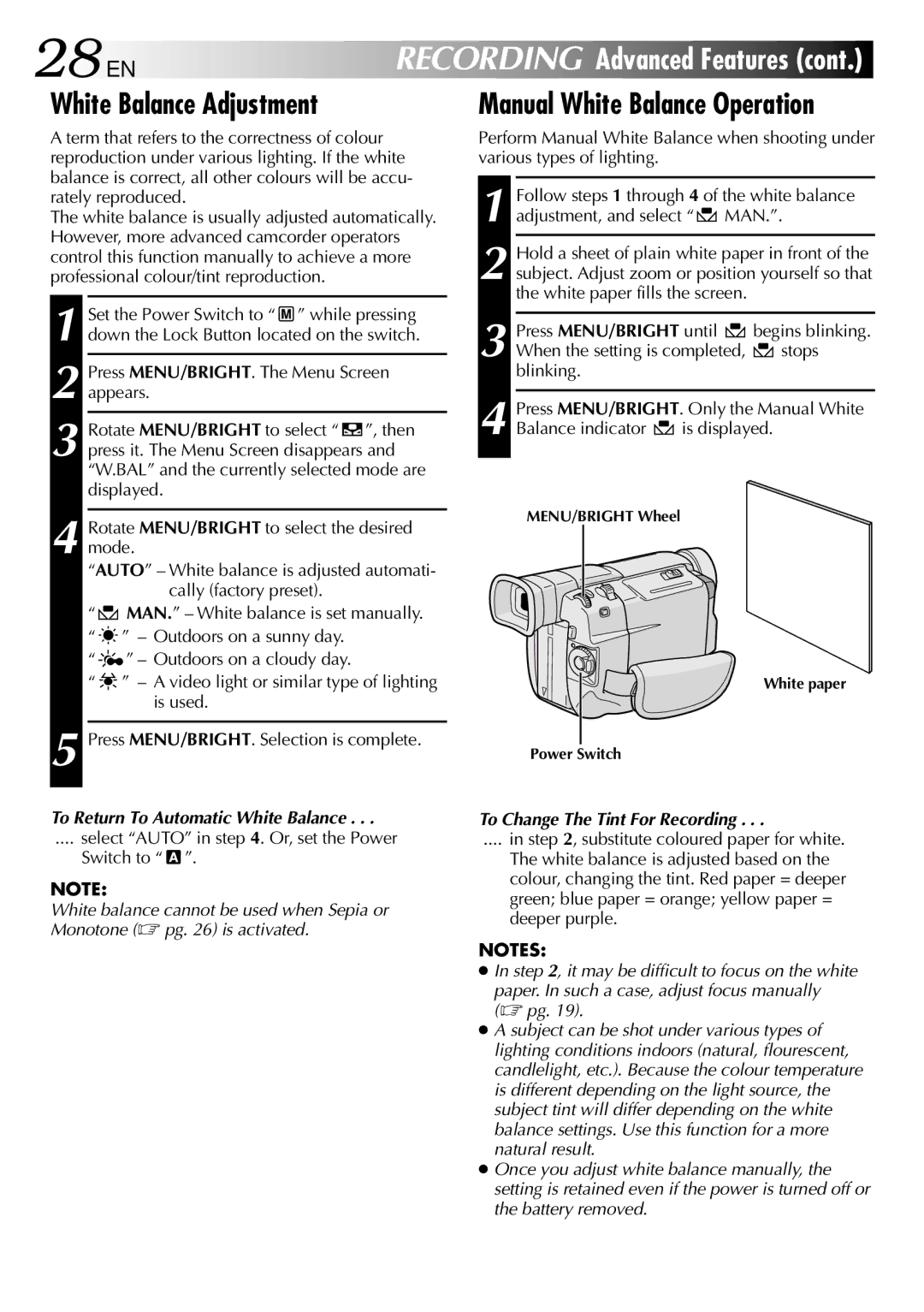 JVC GR-DVL105 28 EN, White Balance Adjustment, To Return To Automatic White Balance, To Change The Tint For Recording 