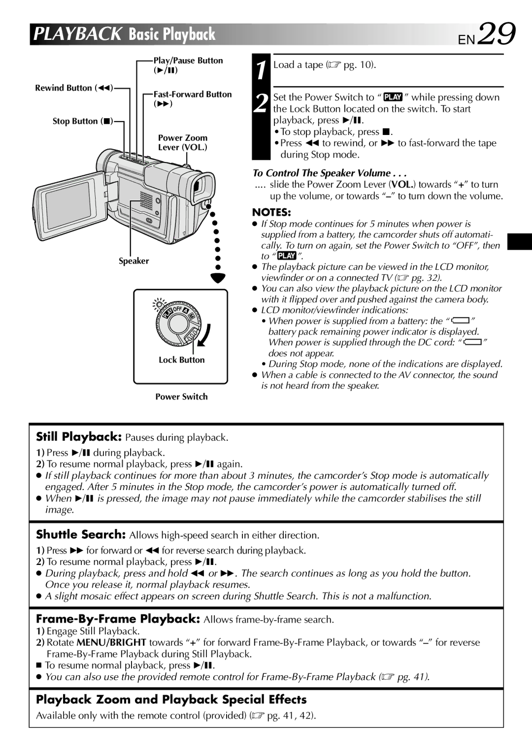 JVC GR-DVL105 specifications EN29, Playback Zoom and Playback Special Effects, To Control The Speaker Volume 