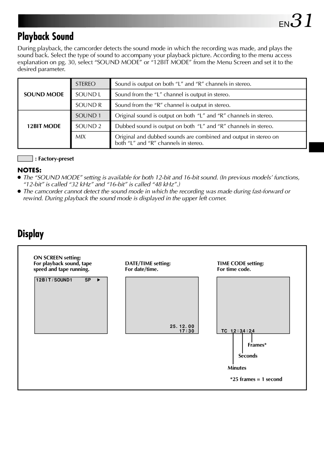 JVC GR-DVL105 specifications Playback Sound, Display, EN31 