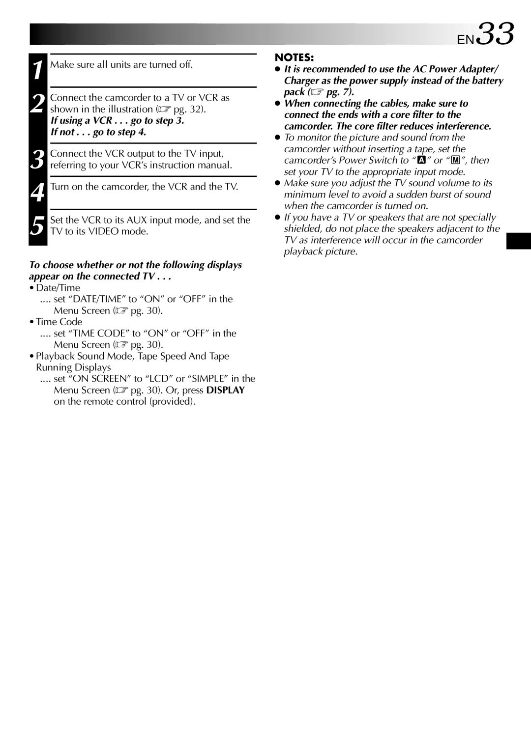 JVC GR-DVL105 specifications EN33, If using a VCR . . . go to step If not . . . go to step 