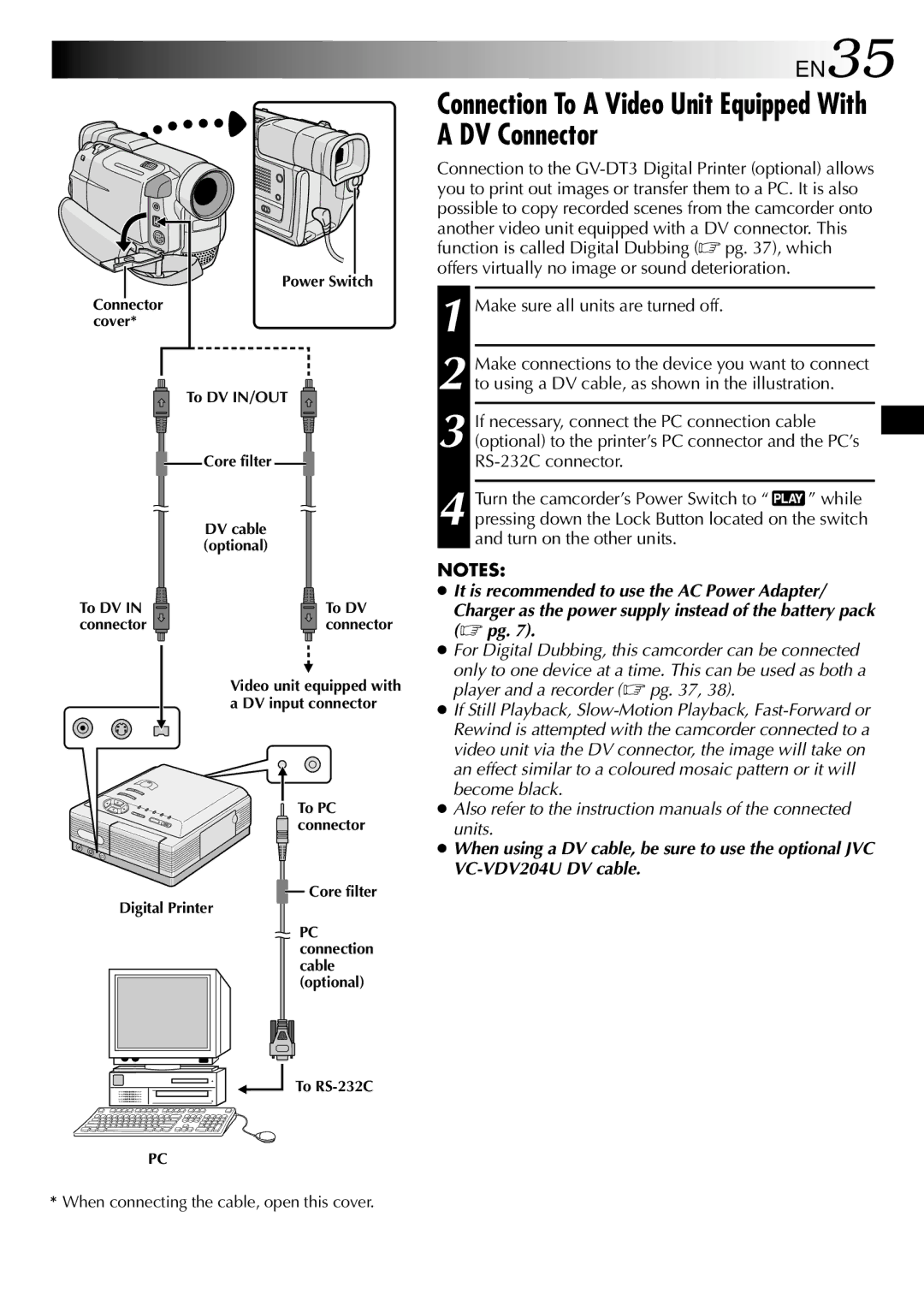 JVC GR-DVL105 Connection To a Video Unit Equipped With a DV Connector, EN35, Make sure all units are turned off 